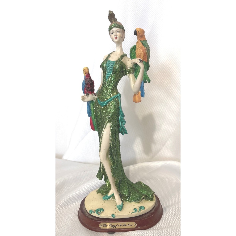 The Peggy's Collection Art Deco Woman Figurine Green Glitter Gown Parrots 13"